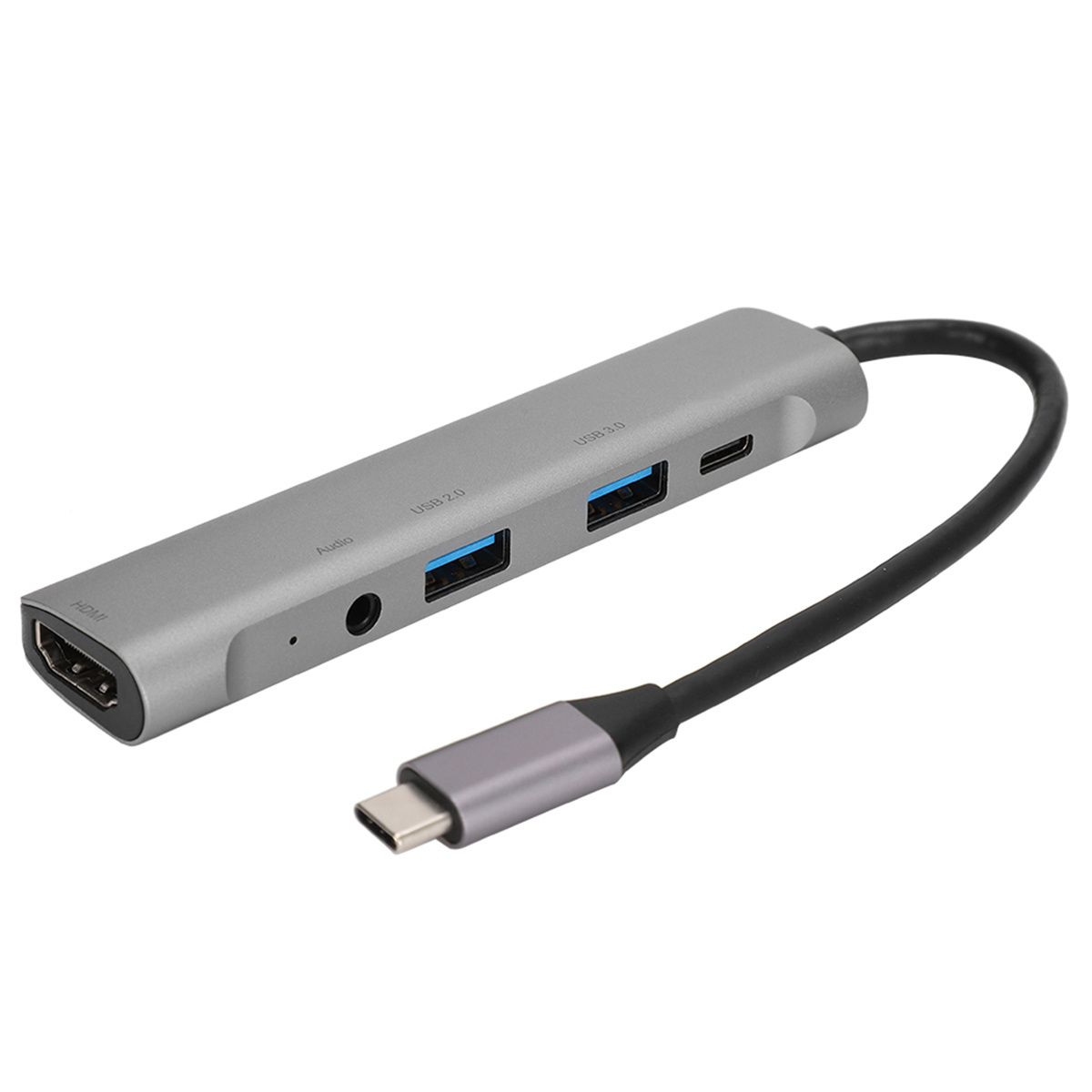 Grauer USB-Hub mit mehreren Anschlüssen und schwarzem Kabel.