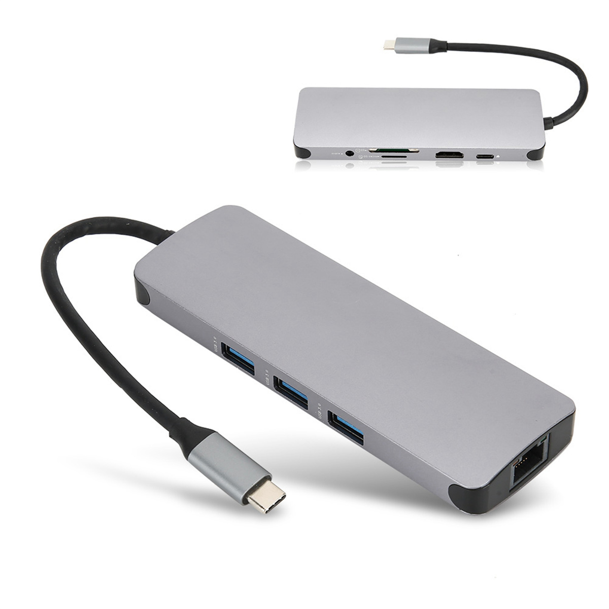 Silberner USB-Hub mit mehreren Anschlüssen, einschließlich USB, SD-Kartenleser und Ethernet.