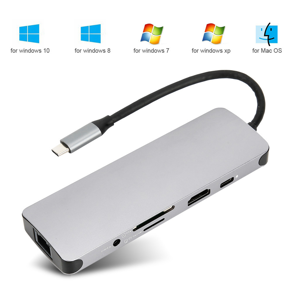 Ein silberner USB-C-Hub mit Anschlüssen für Windows, Mac OS. Symbole für Windows 10, 8, 7, XP und Mac OS.