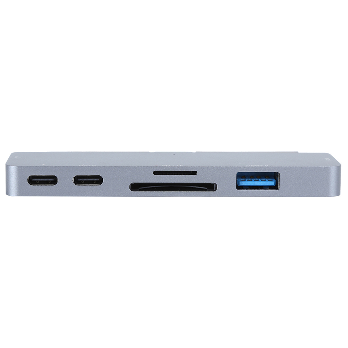 Ein silberner USB-C-Hub mit verschiedenen Anschlüssen, u. a. SD-Karte und USB.