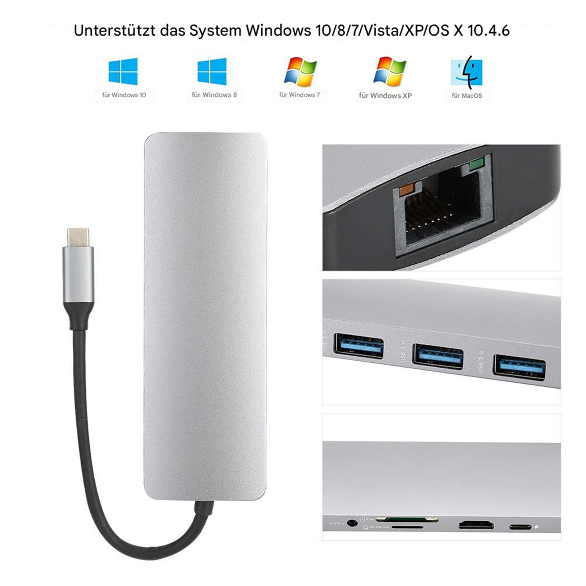Silberner USB-C-Hub mit mehreren Anschlüssen. Unterstützt Windows und MacOS. Kabel und Anschlüsse sind sichtbar.