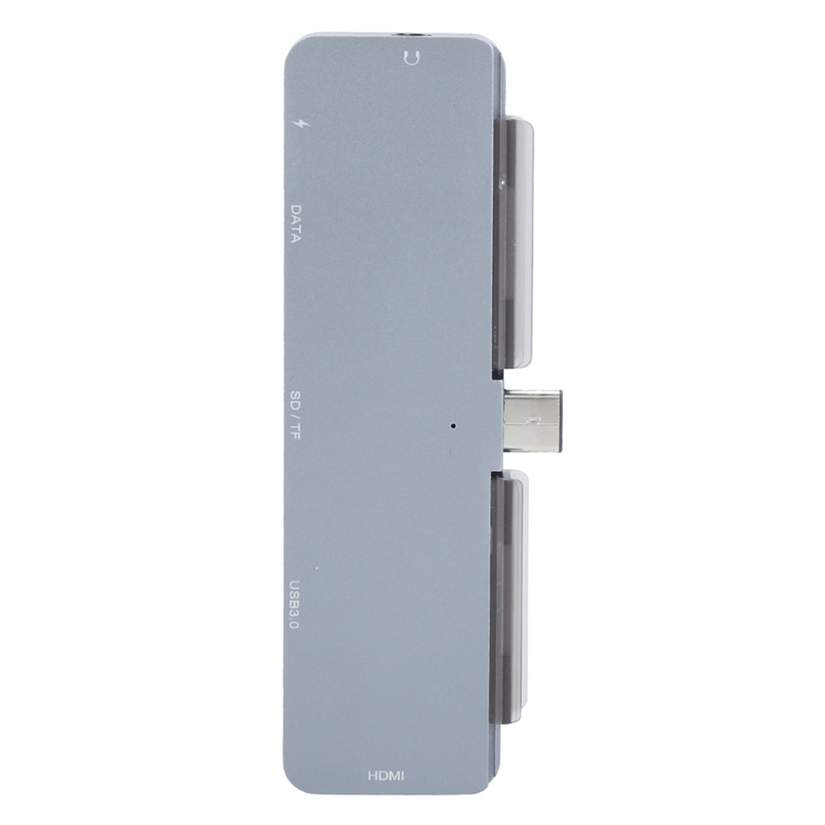 Ein silberner USB-Hub mit mehreren Anschlüssen, darunter USB 3.0, HDMI und SD/TF-Steckplätze.