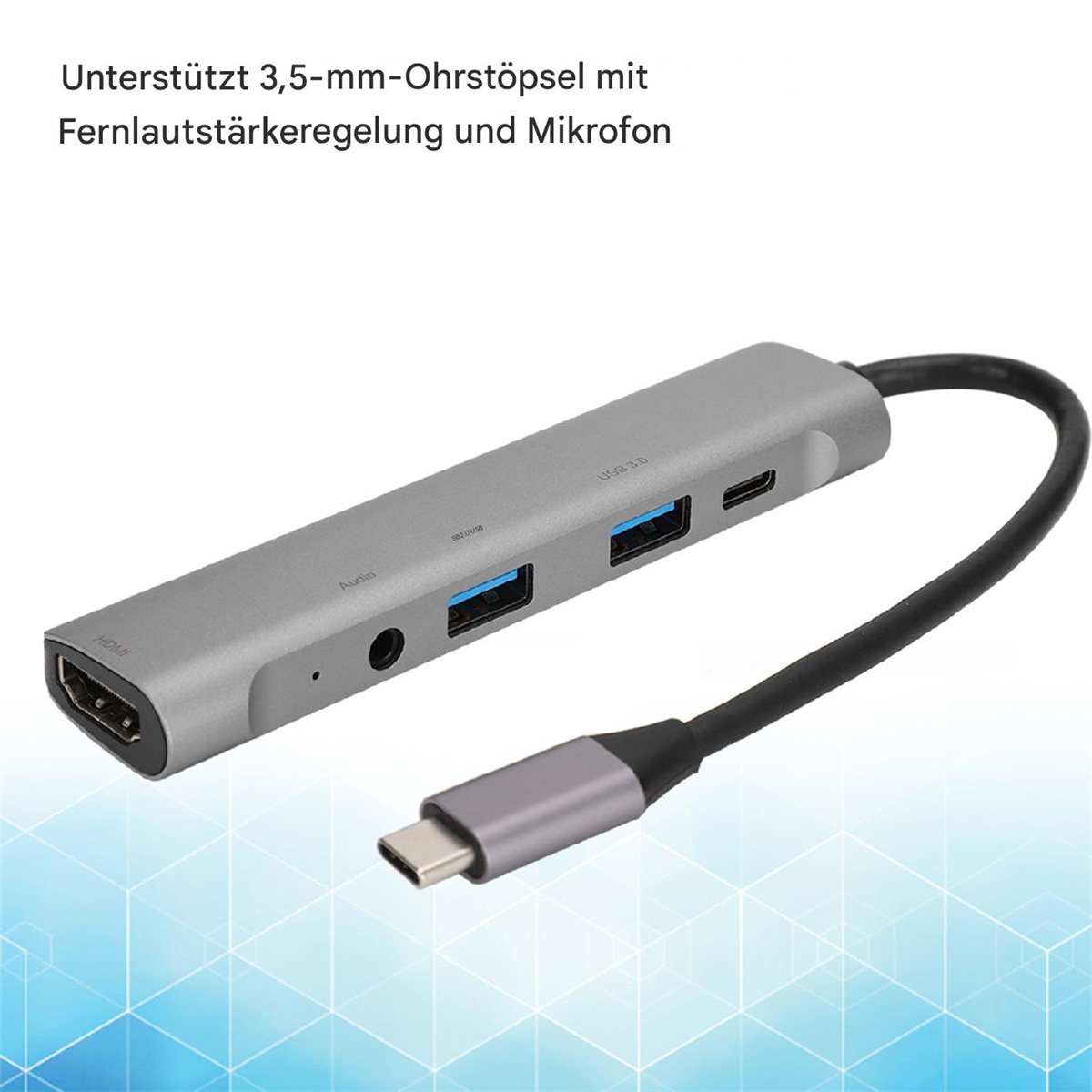 Grauer USB-C-Hub mit HDMI-, USB- und Audioanschlüssen.
