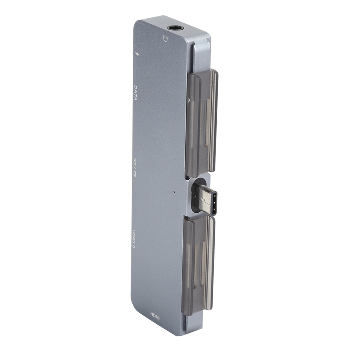 Ein silberner USB-C-Hub mit mehreren Anschlüssen: Daten, SD/TF, USB 3.0 und HDMI.