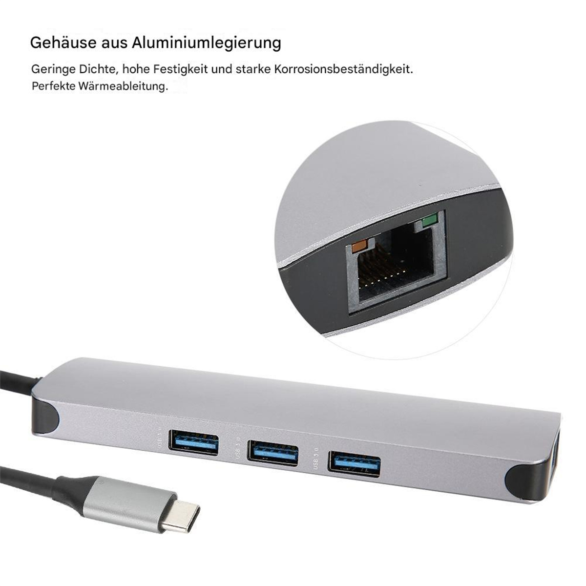 Silberner USB-Hub mit Anschlüssen und schwarzem Kabel. Nahaufnahme eines Ethernet-Anschlusses.