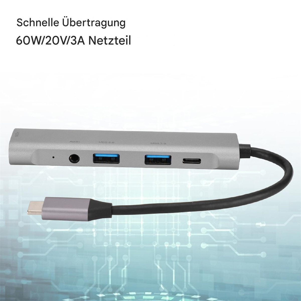 Ein silberner USB-Hub mit verschiedenen Anschlüssen und einem schwarzen Kabel. Text oben zeigt 60W/20V/3A an.