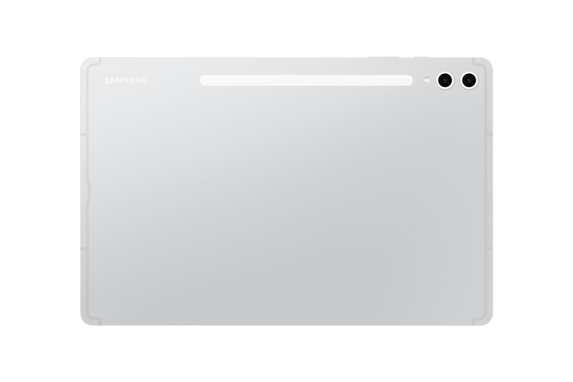 De achterkant van een zilveren tablet. Bevat het Samsung-logo, een camera en een magnetische strip.
