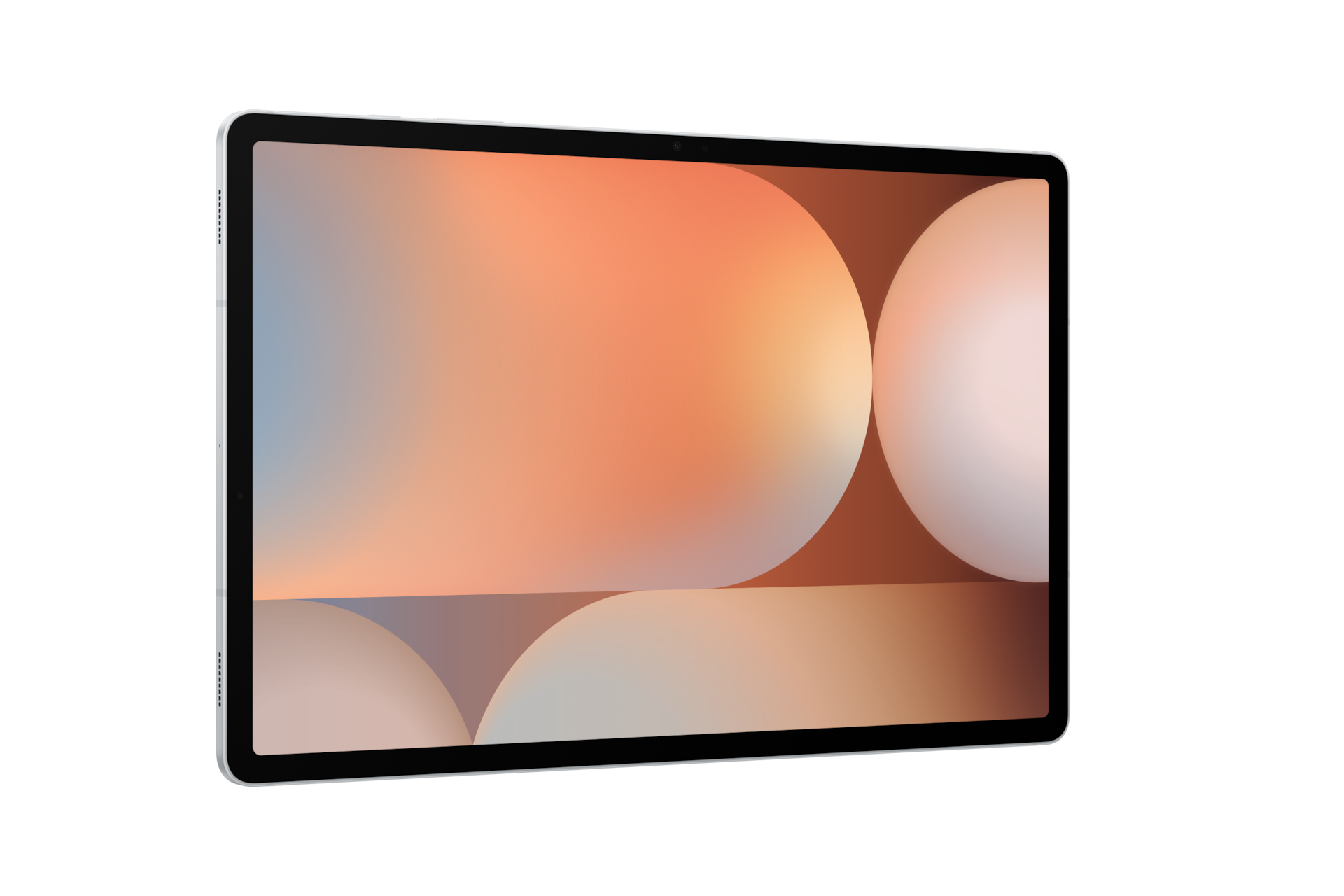 Een zilveren tablet met een kleurrijke abstracte achtergrond. Het wordt vanuit een hoek bekeken.