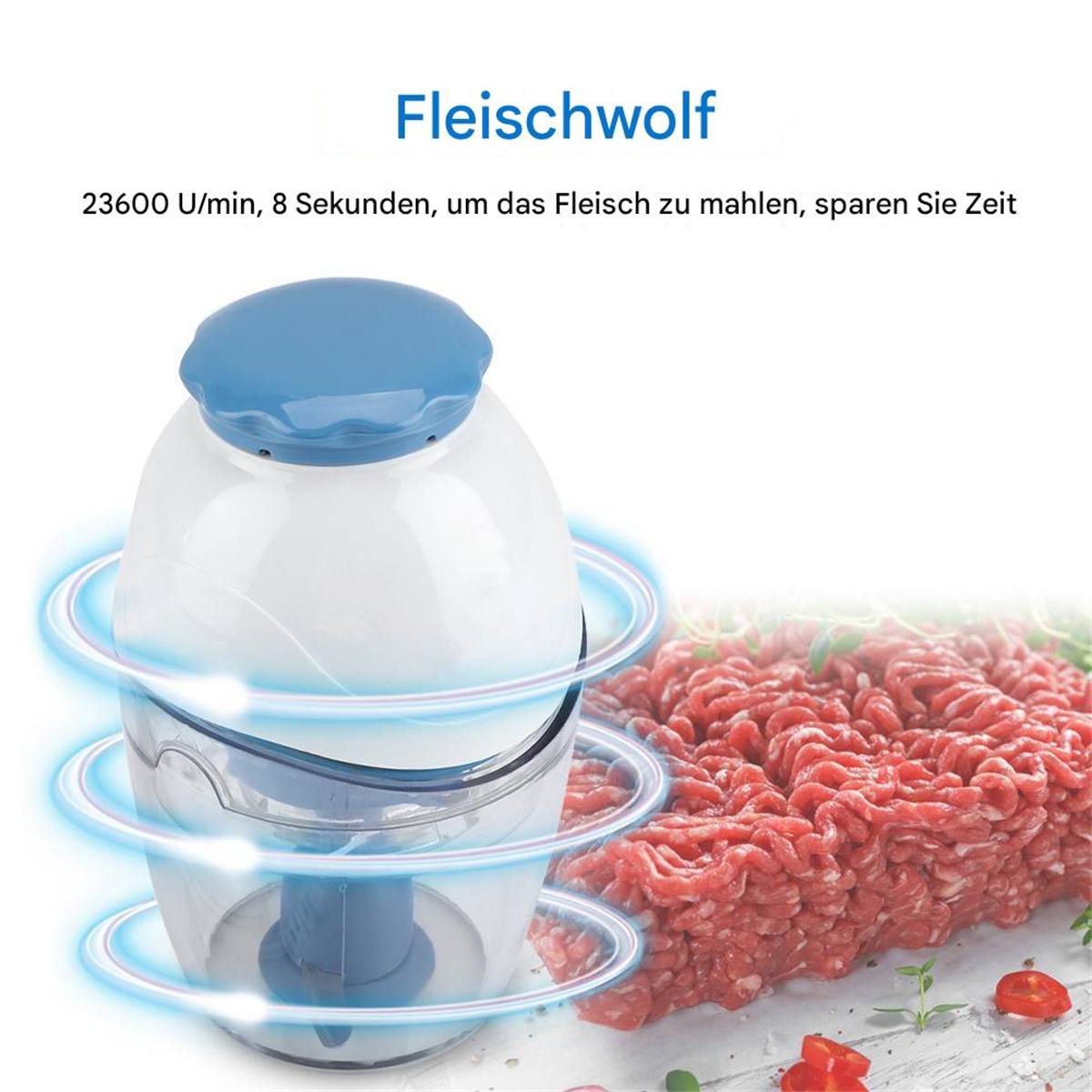 Ein weiß-blauer Foodprozessor mit Hackfleisch und Text.