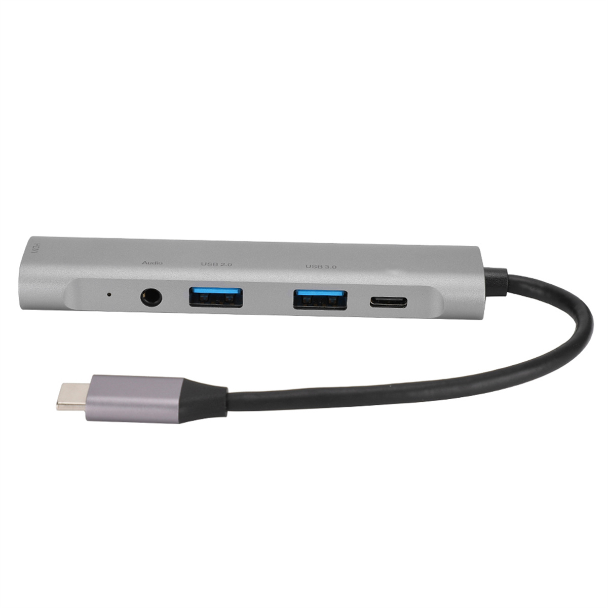 Silberner USB-Hub mit mehreren Anschlüssen, einschließlich USB 2.0, 3.0 und USB-C, mit schwarzem Kabel.