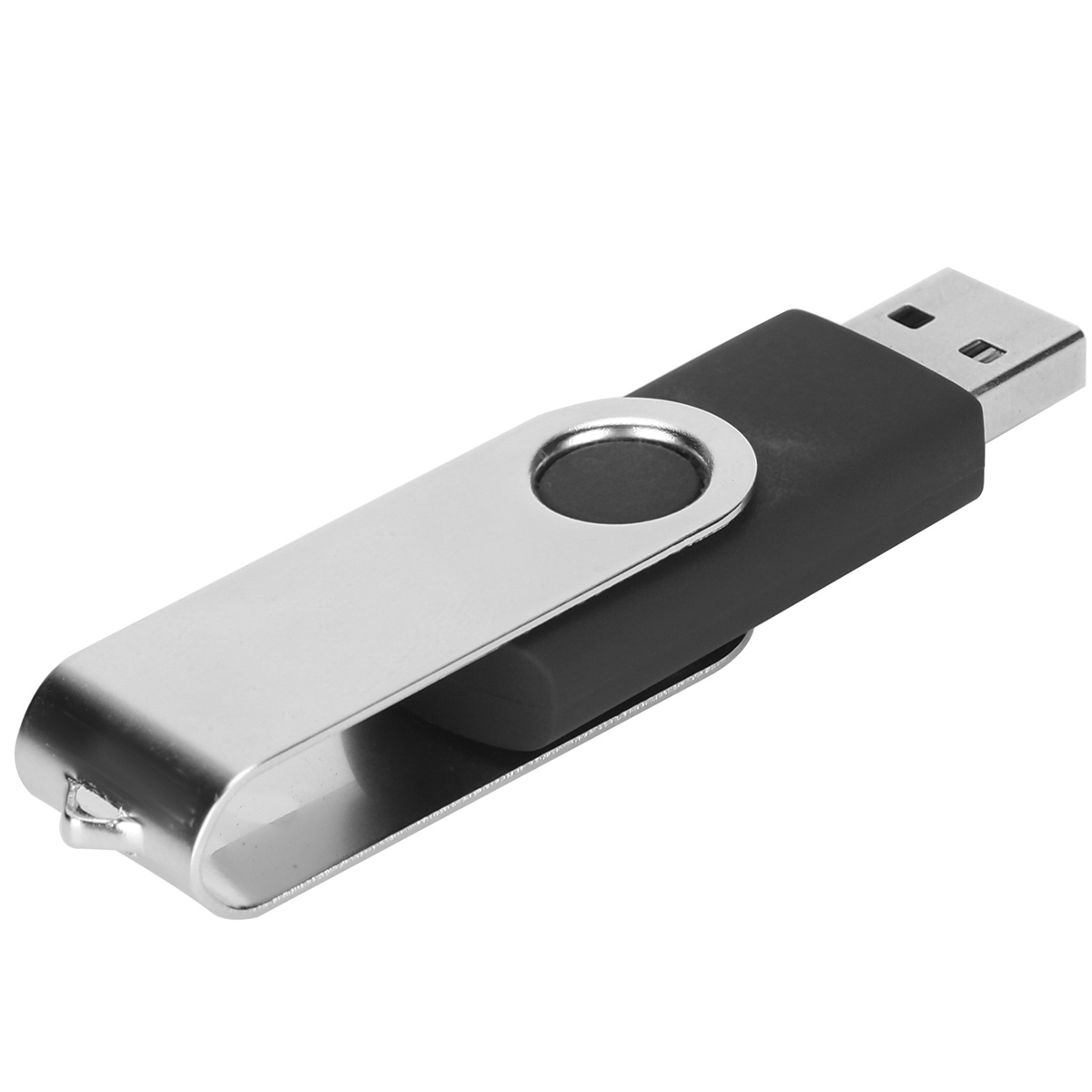 USB-Stick, silber und schwarz. Silbernes Drehstück, schwarzer Körper, USB-Anschluss.