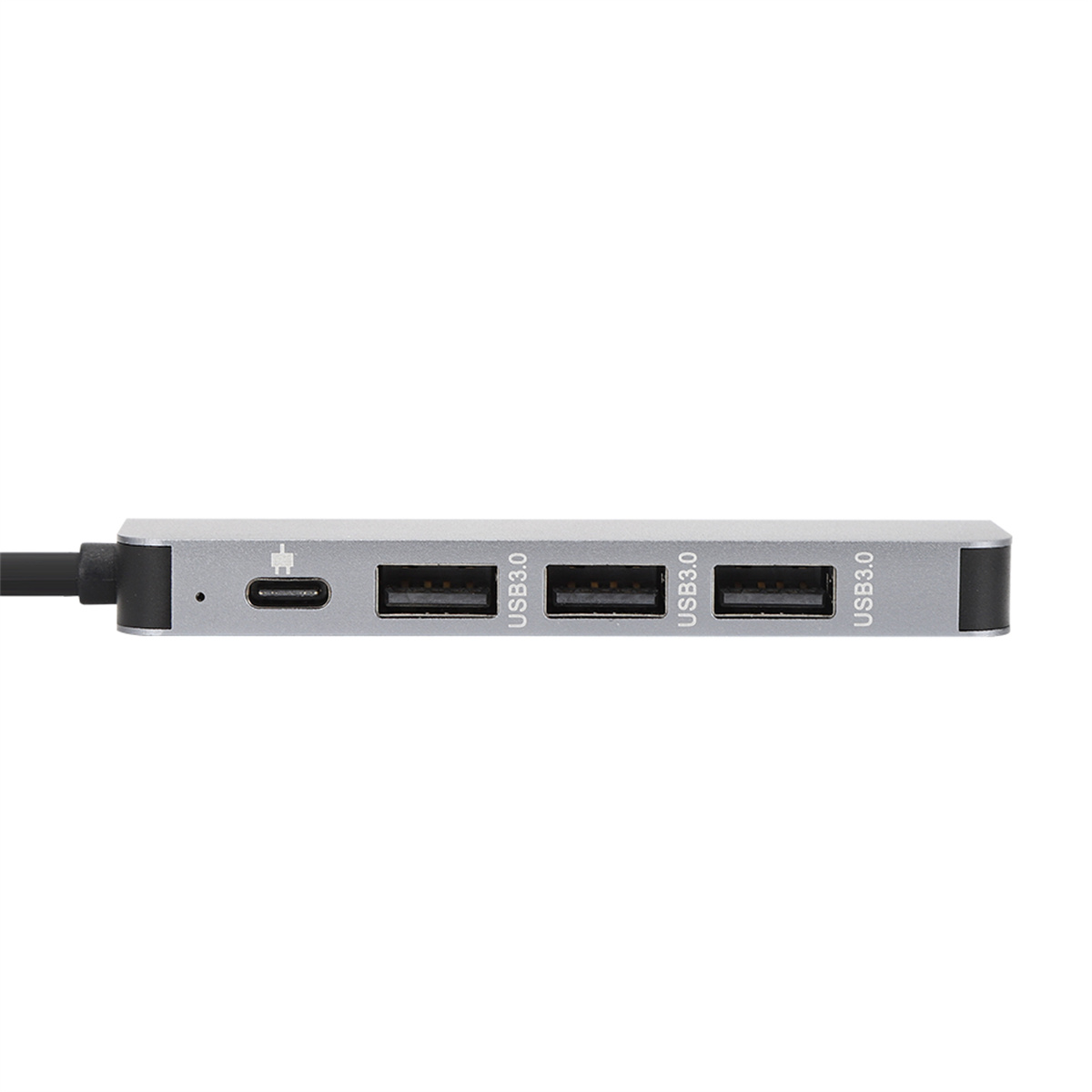 Ein silberner USB-Hub mit 3 USB 3.0-Anschlüssen und einem USB-C-Anschluss, mit einem schwarzen Kabel.