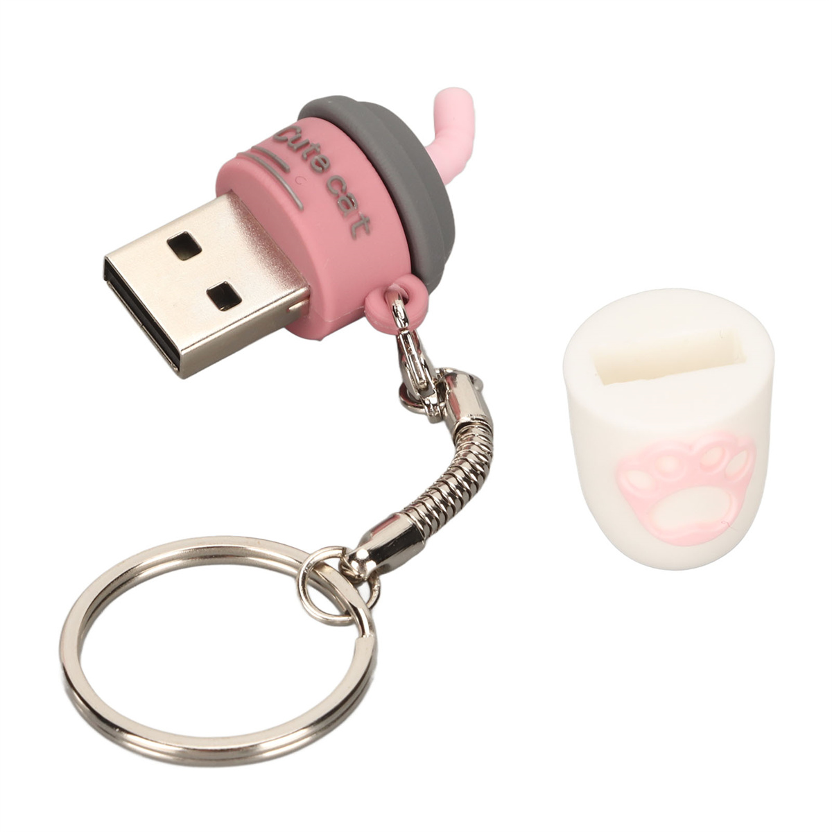 Niedlicher Katzen-USB-Stick mit Kappe und Schlüsselanhänger. Rosa-graues Design.