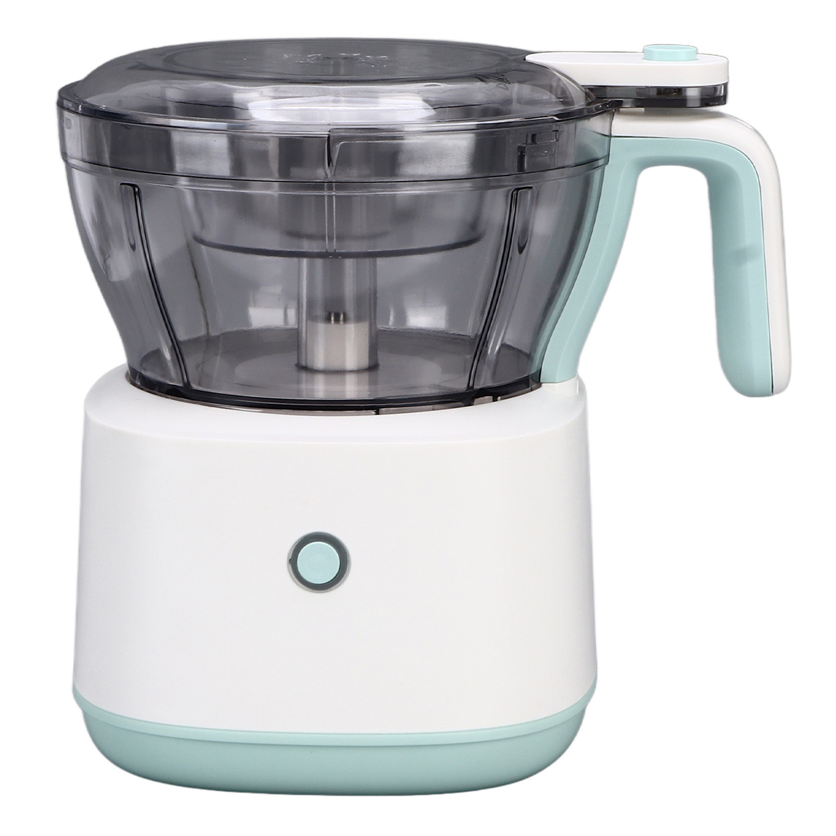 Weißer und blauer Food Processor mit transparentem Behälter und Griff.