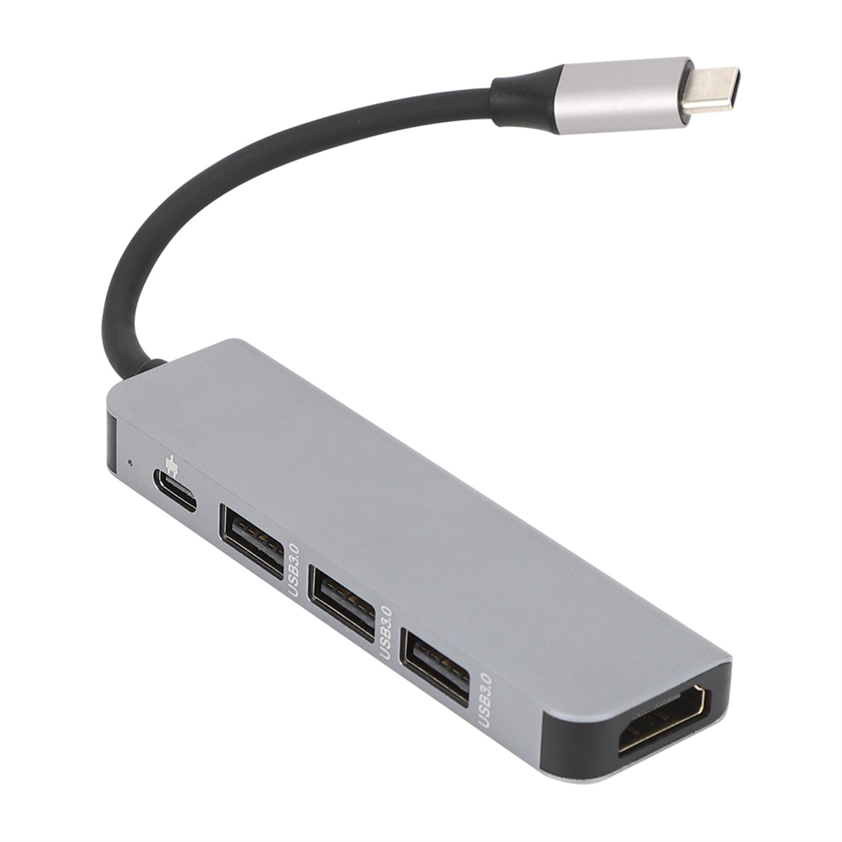 Ein grauer USB-Hub mit USB 3.0-Anschlüssen, USB-C-Anschluss und HDMI-Anschluss.