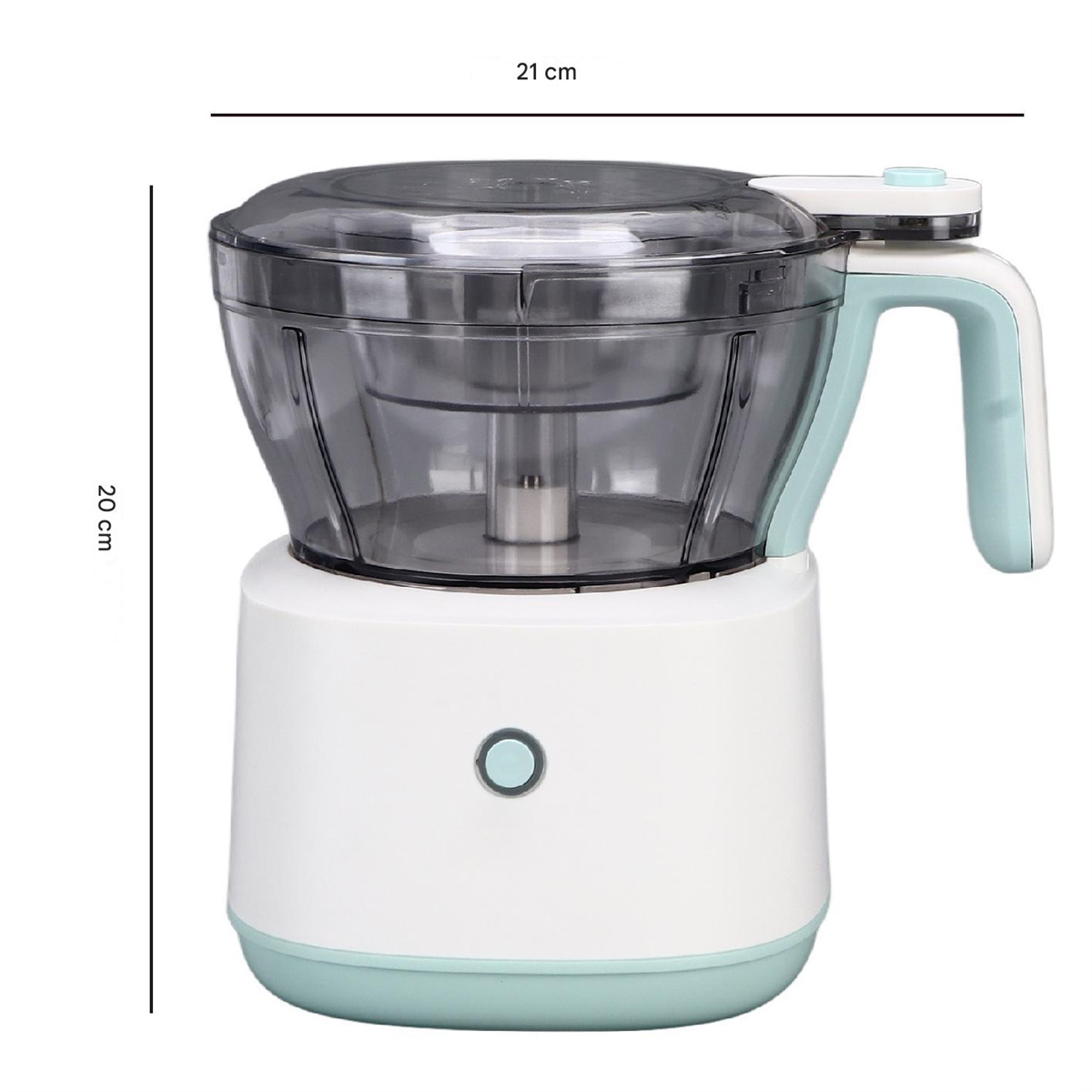 Weißer und tealfarbener Food Processor. Abmessungen sind 21 cm x 20 cm. Griff und Knopf sind sichtbar.