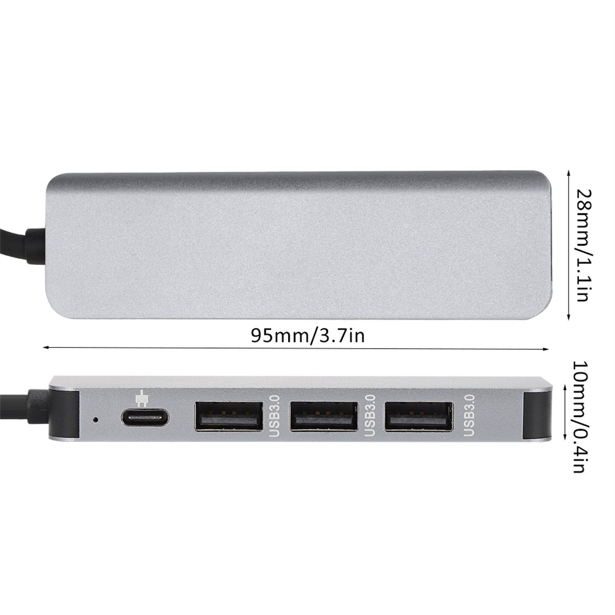 Silberner USB-Hub mit USB 3.0-Anschlüssen und einem USB-C-Anschluss. Abmessungen sind enthalten.