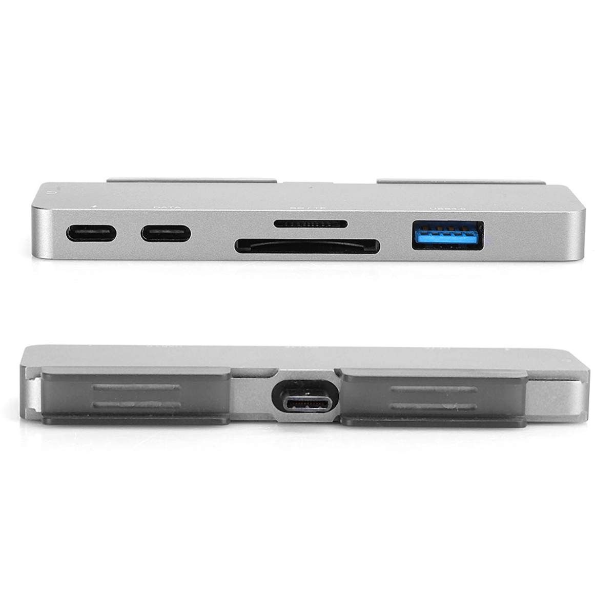 Ein silberner USB-Hub, Ober- und Unteransicht. Zeigt USB-, SD- und USB-C-Anschlüsse.