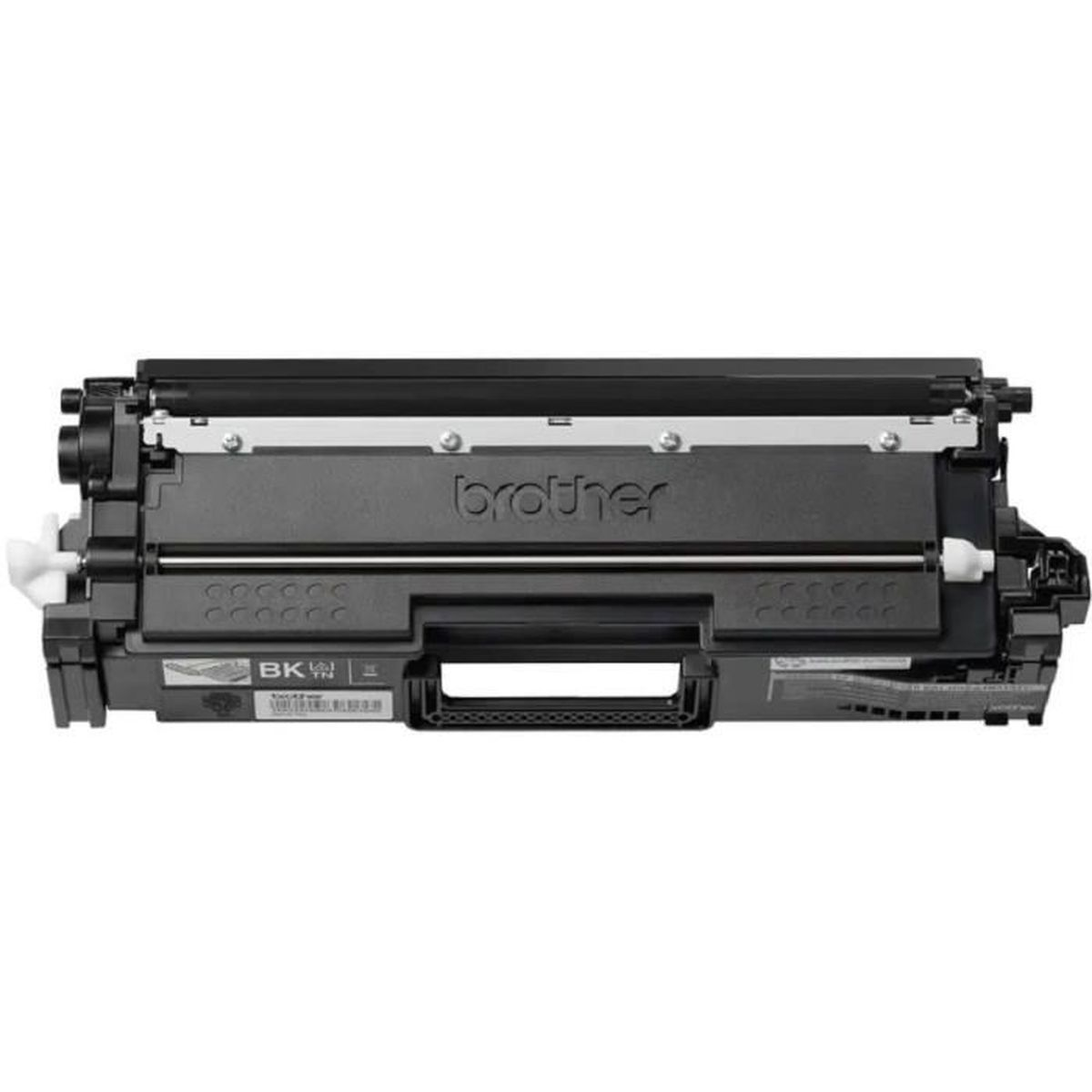 Cartouche de toner Brother noire. Le mot Brother est écrit dessus. Fond blanc.