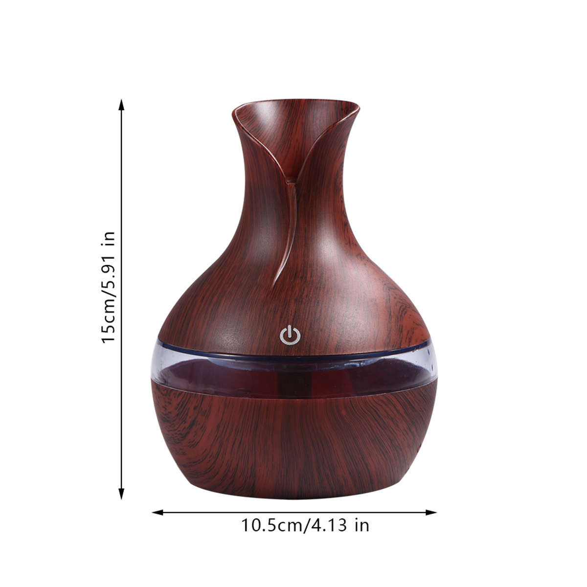 Holzoptik-Diffusor für ätherische Öle, braun und klar, mit Maßangaben.