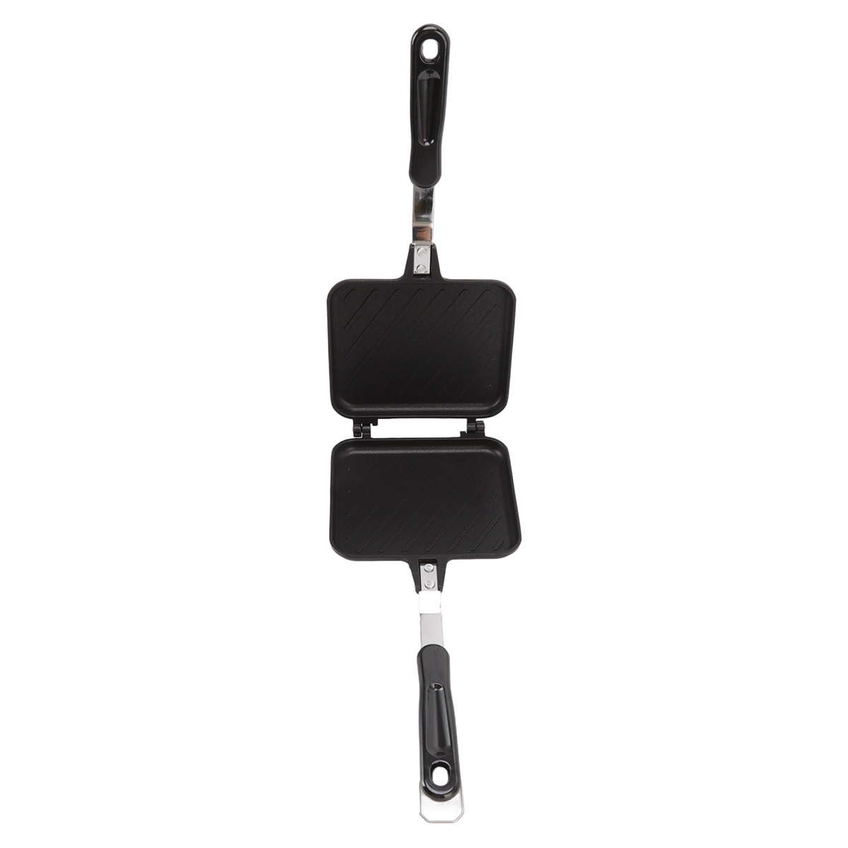 Schwarzer Sandwichmaker, offen. Zwei schwarze Platten, jede mit einem Griff, sind an einem Scharnier verbunden.