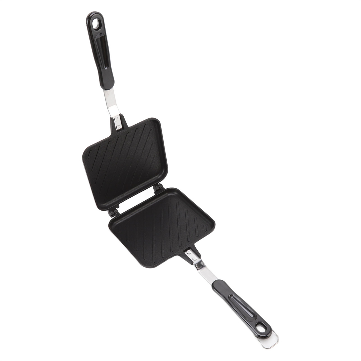 Geöffneter schwarzer Sandwichmaker mit Grillmuster, Griffe ausgezogen.