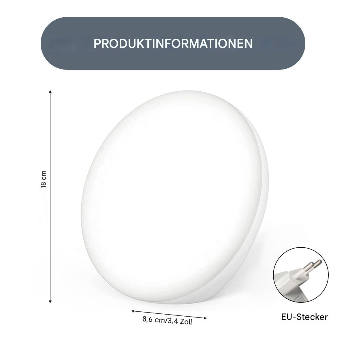 Ein weißes, eiförmiges Produkt mit Produktinformationen darüber, einem Stecker und Maßangaben.