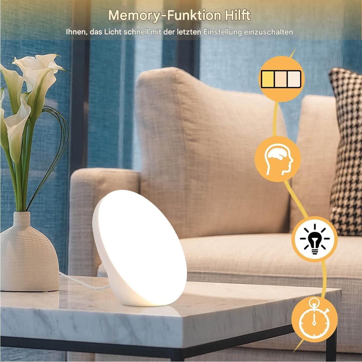 Eine weiße Lampe auf einem Tisch mit Blumenvase und Kissen. Es gibt Licht- und Gehirnsymbole.