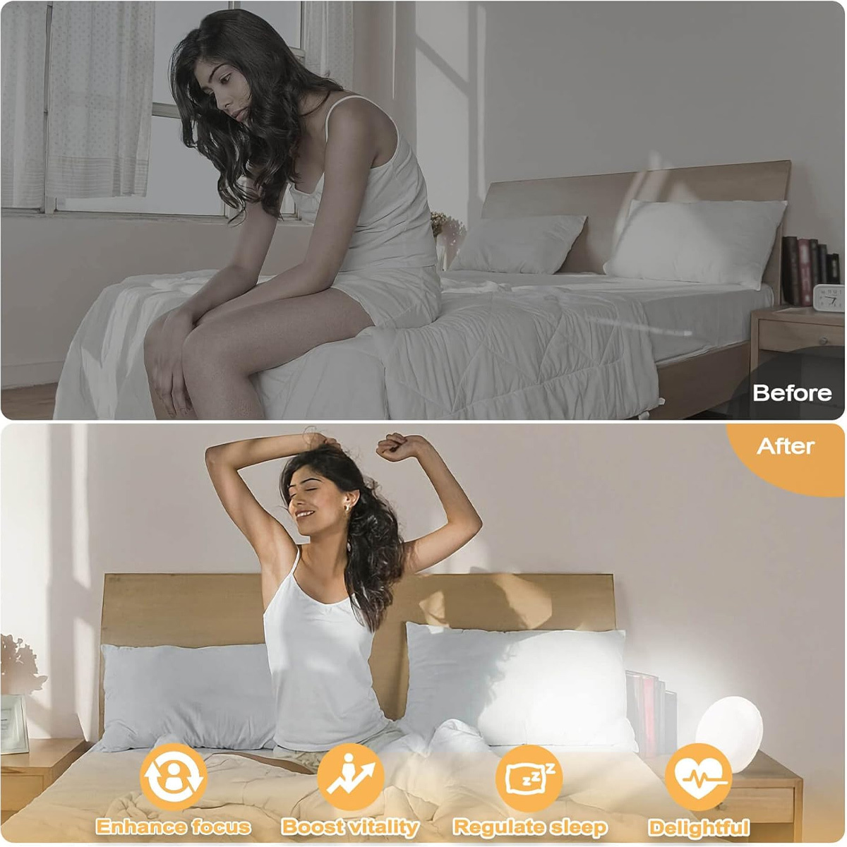 Vorher/Nachher-Bild. Frau im Bett wirkt traurig, dann glücklich. Fokus, Vitalität, Schlaf, Freude.