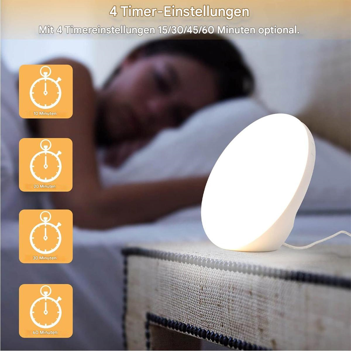 Eine Lichttherapielampe mit Timereinstellungen und eine schlafende Person im Hintergrund.