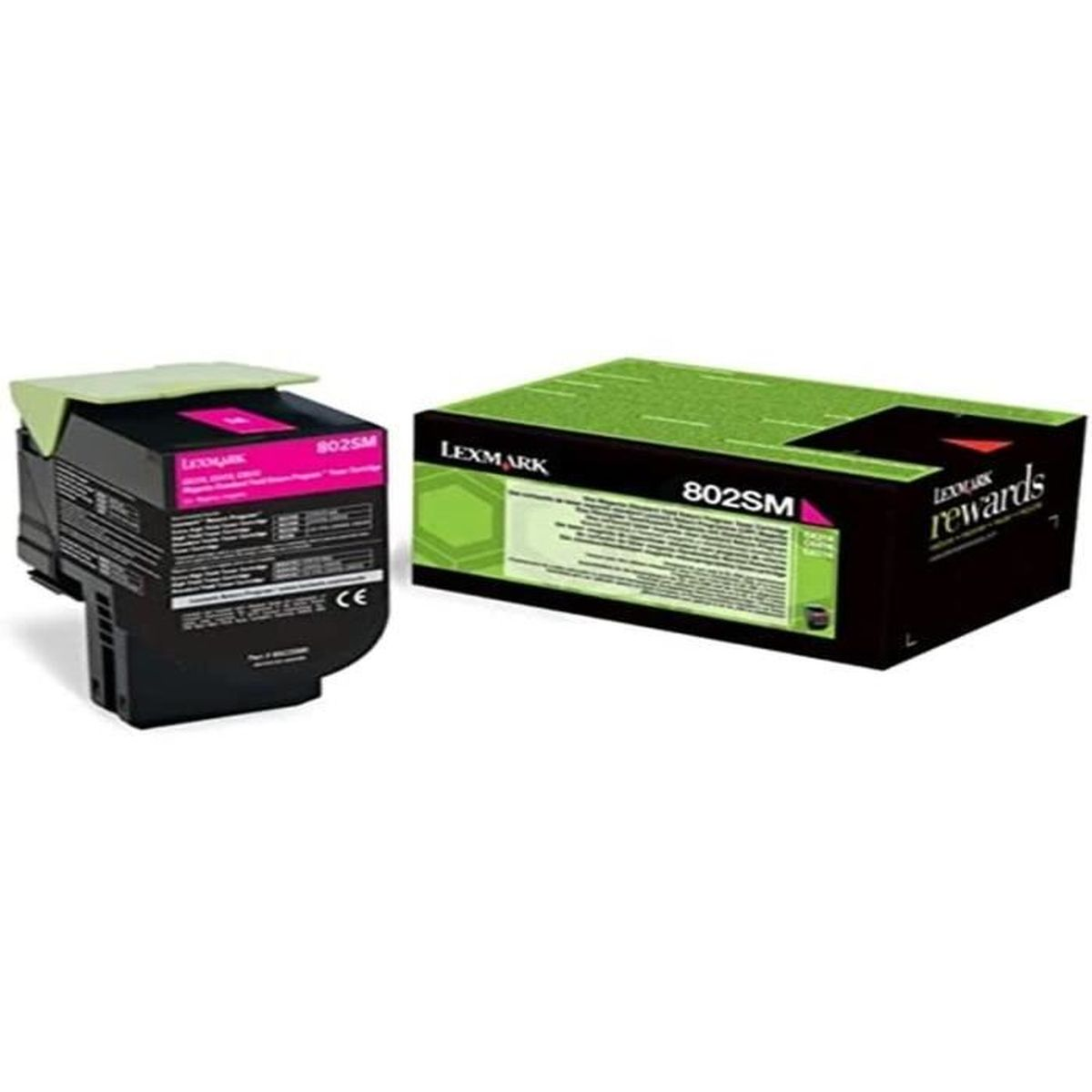 Cartucho y caja de tinta de impresora negros y verdes. La caja tiene el nombre de la marca.