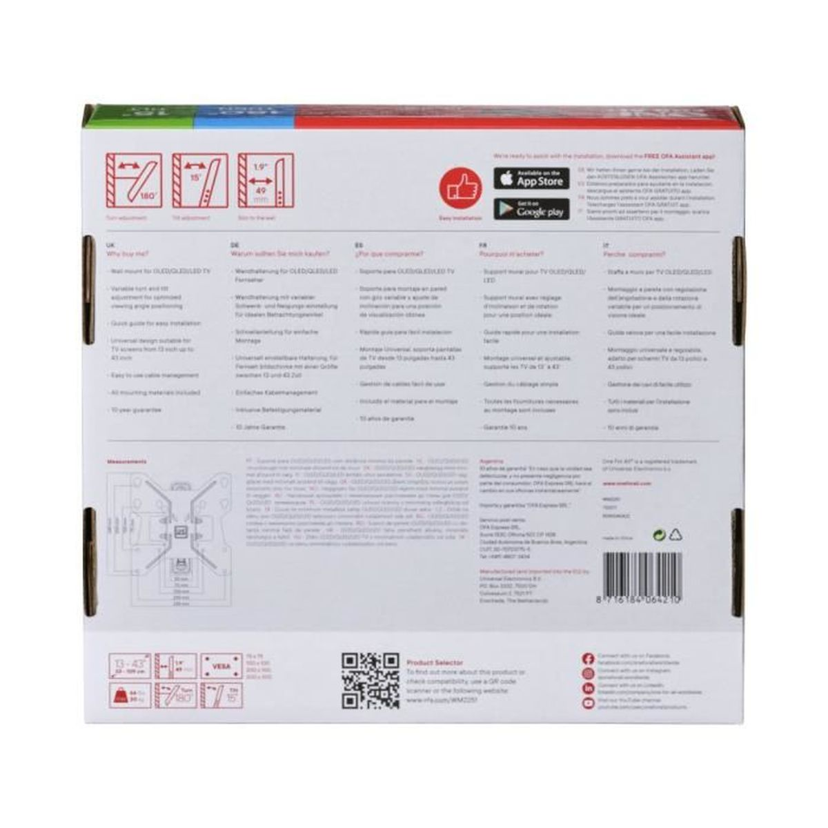 Dos d'une boîte avec informations produit en plusieurs langues et schémas, et codes QR.
