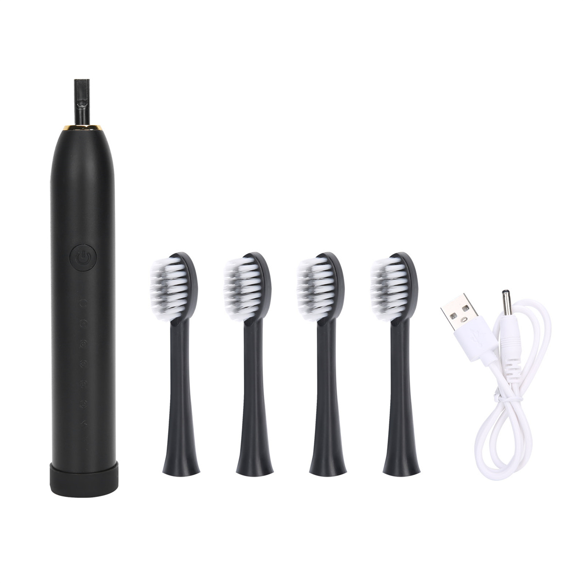 Schwarze elektrische Zahnbürste, 4 Bürstenköpfe und ein USB-Ladekabel.
