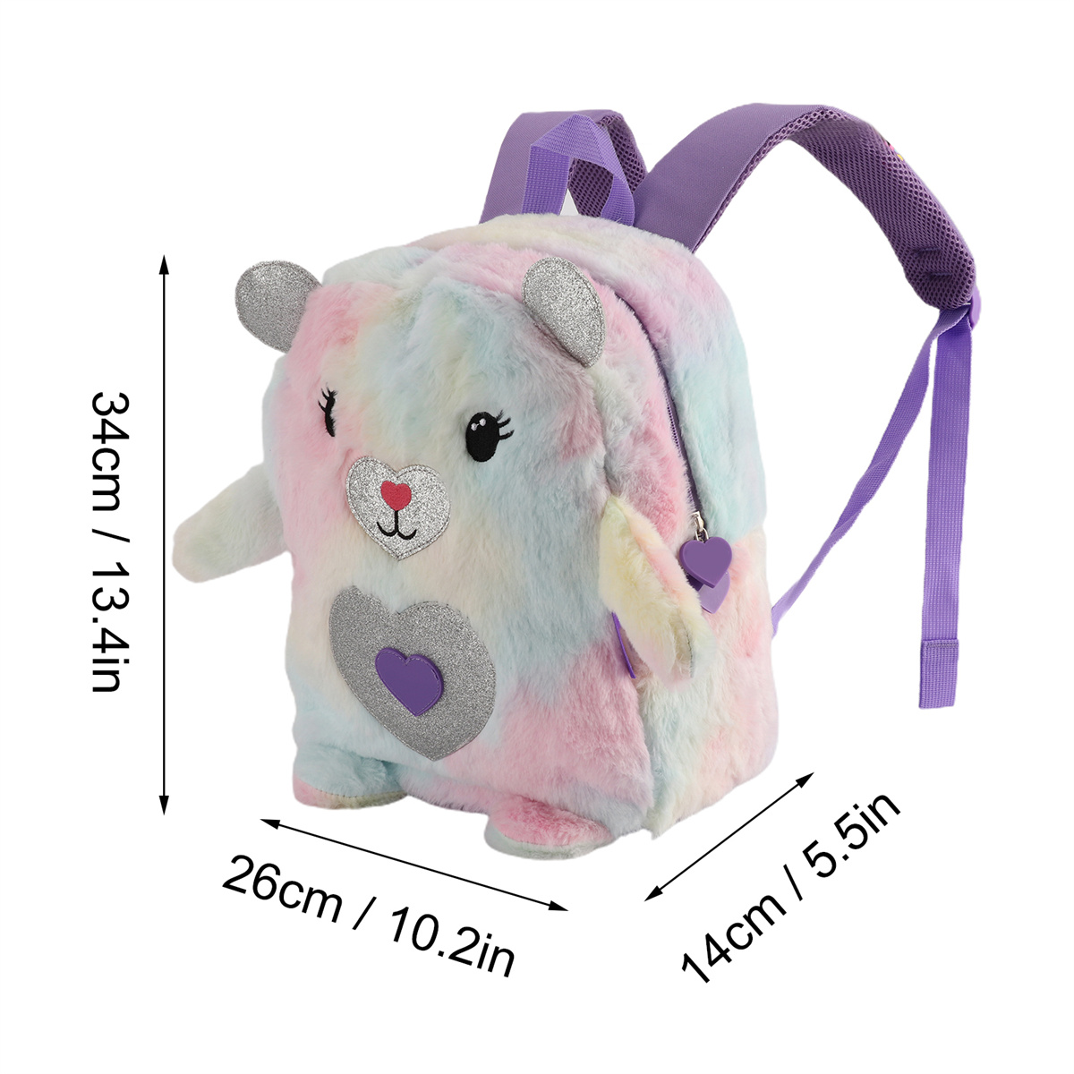 Ein farbenfroher, plüschiger, bärenförmiger Rucksack. Er hat mehrere Farben und eine Herzform.