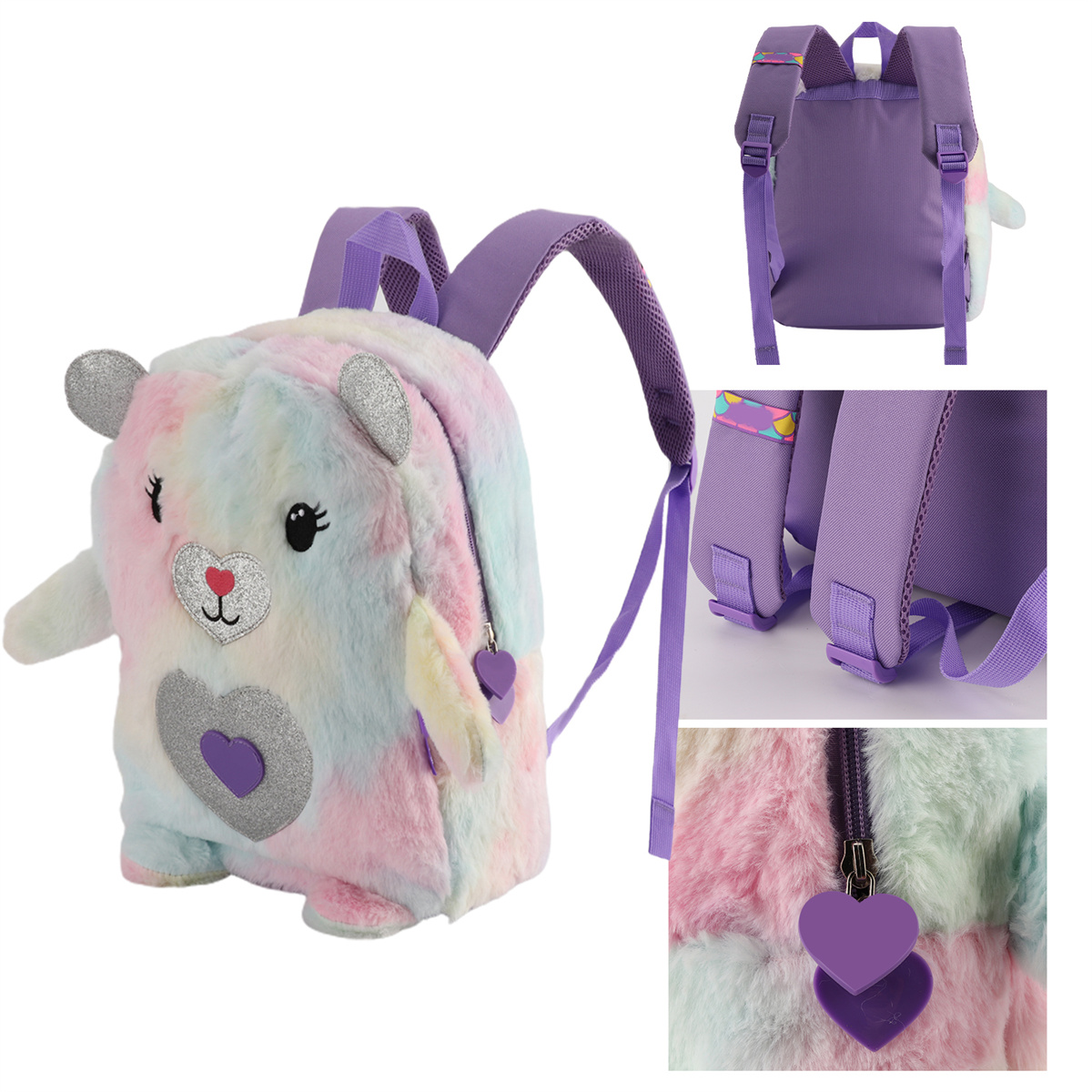 Bunter, bärenförmiger Rucksack mit lila Trägern. Verschiedene Detailaufnahmen der Tasche.