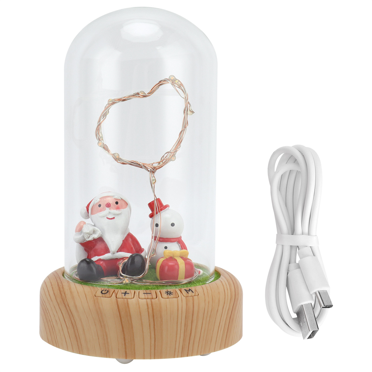 Eine Schneekugel mit Weihnachtsmann und Schneemann, daneben ein USB-Kabel.