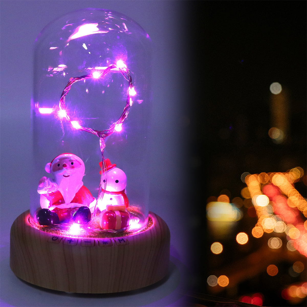 Weihnachtsszene in einer Glaskuppel mit Weihnachtsmann und Schneemann, Lichtern und Bokeh.