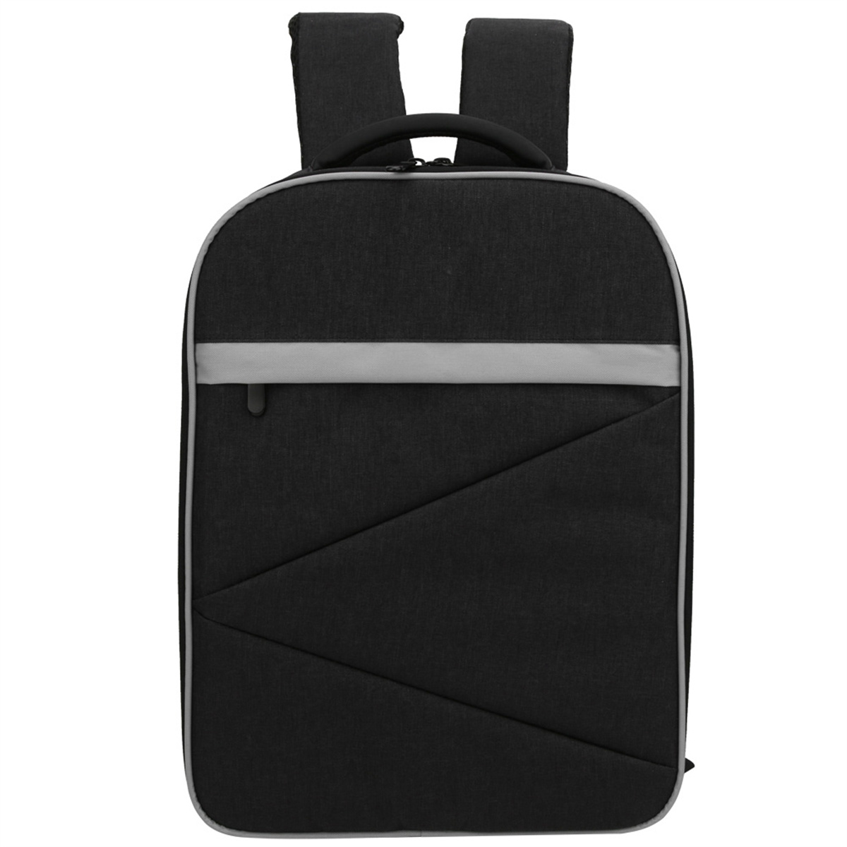 Schwarzer Rucksack mit grauem Streifen und diagonalem Reißverschluss, vor weißem Hintergrund.
