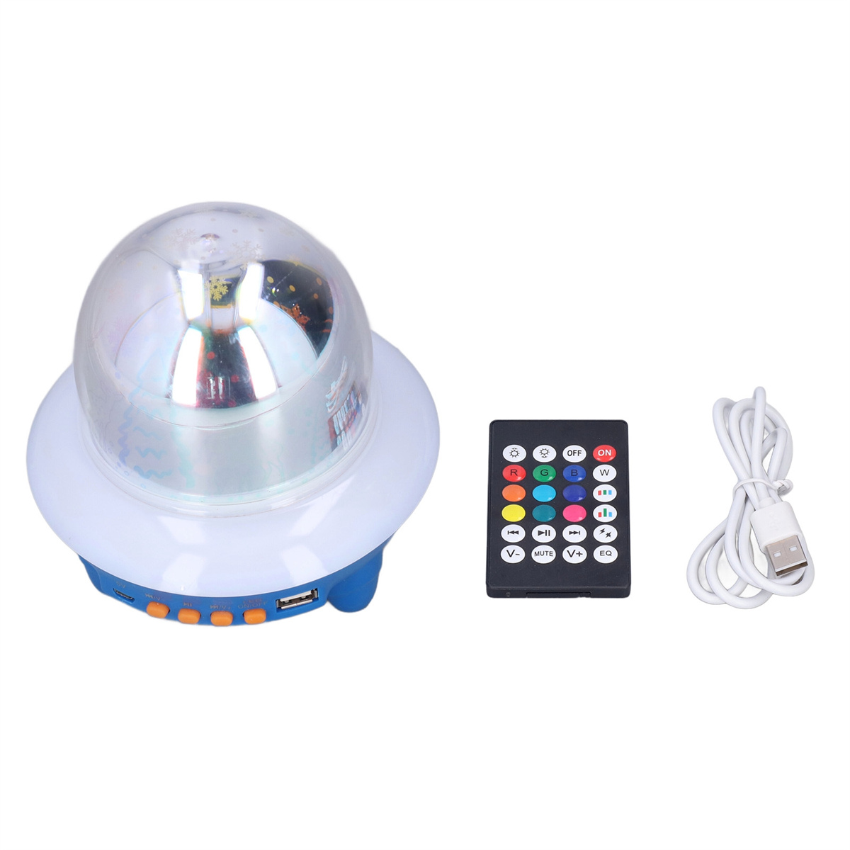 Weißer und blauer Lichtprojektor, Fernbedienung und ein USB-Kabel.