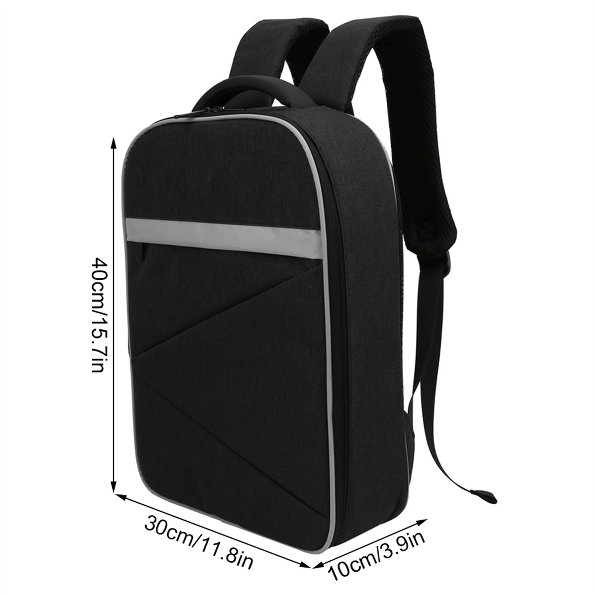Ein schwarzer Rucksack mit silbernem Streifen und Abmessungen: 40cm hoch, 30cm breit, 10cm tief.