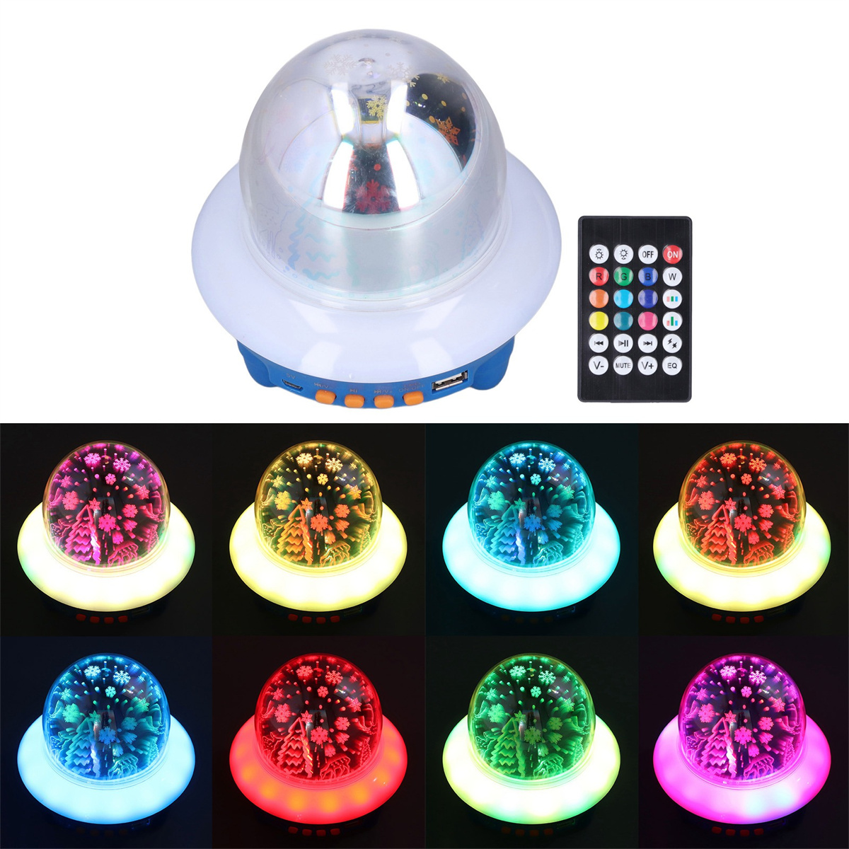 UFO-förmige Lampe mit Fernbedienung. Die Lampe hat verschiedene Lichtfarben.