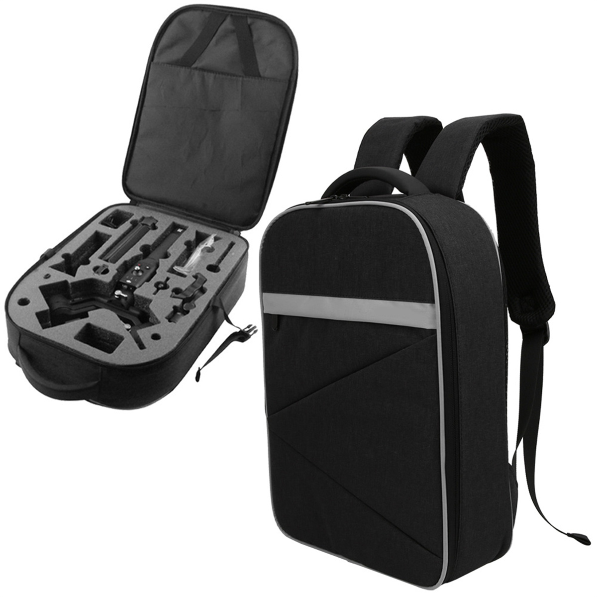 Schwarzer Rucksack und offener Koffer. Koffer enthält Zubehör für Kamera oder Drohne.