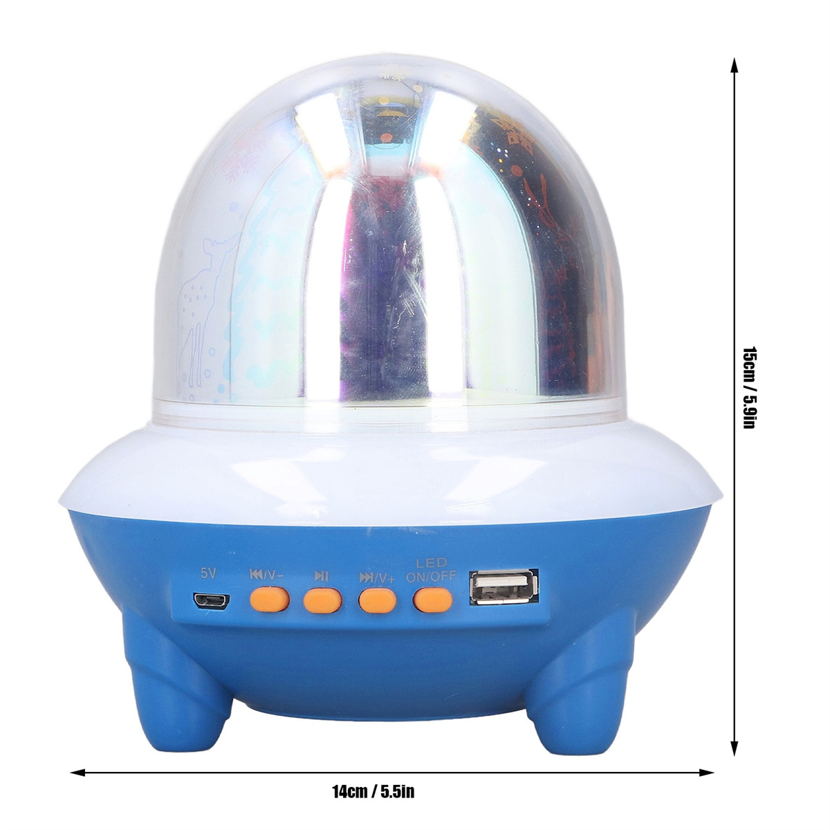 UFO-förmiger Lautsprecher mit Lichtern, Abmessungen in cm.