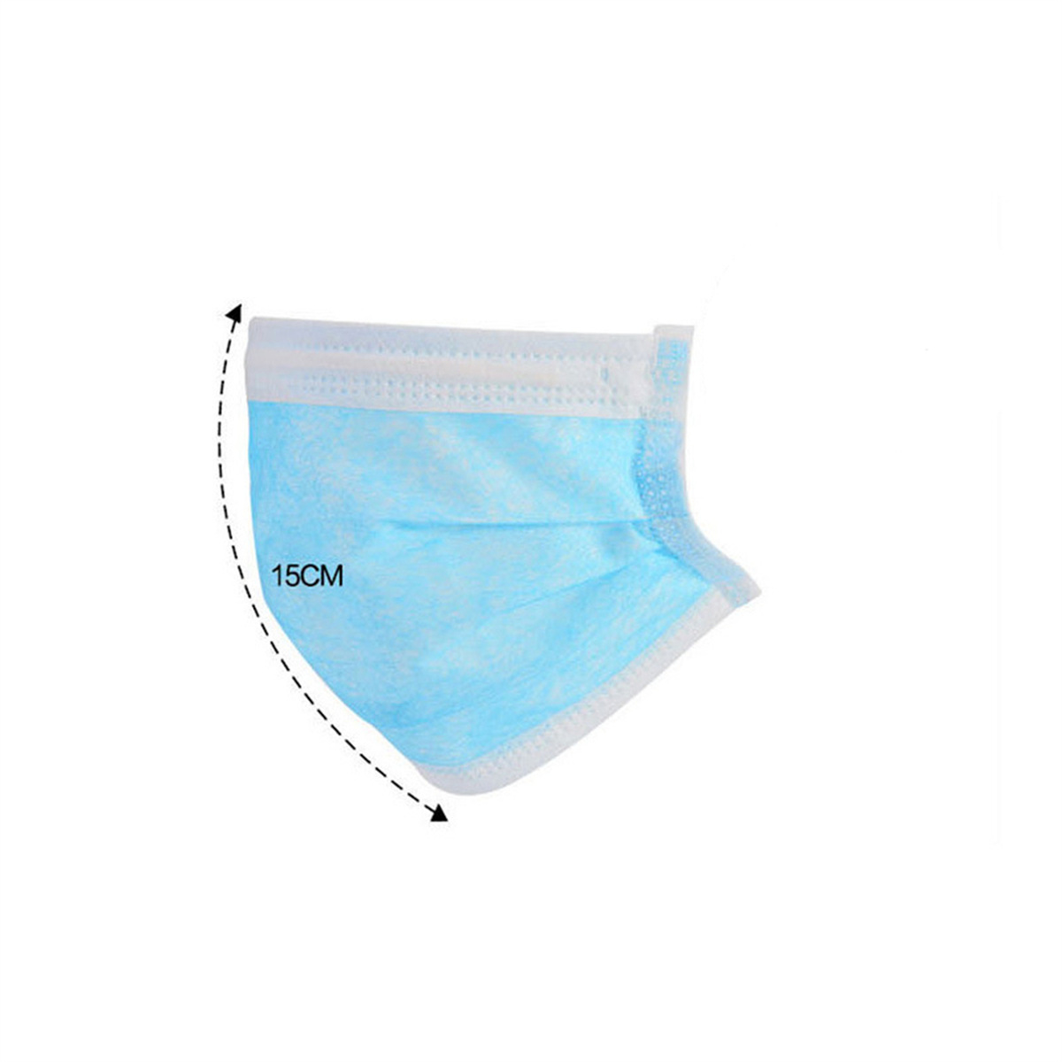 Blaue Einweg-Gesichtsmaske mit einem 15 cm Messpfeil.