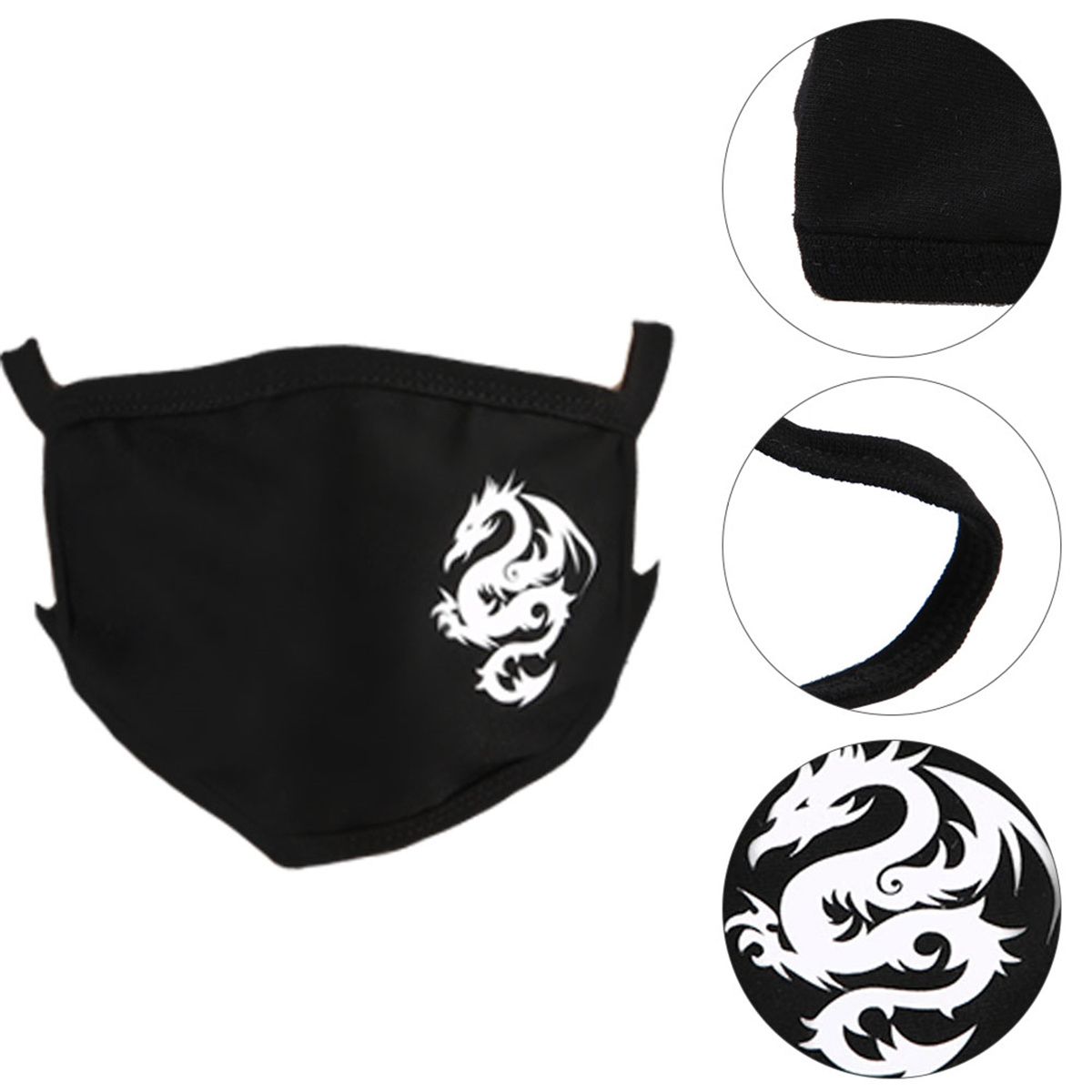 Schwarze Gesichtsmaske mit weißem Drachendesign. Nahaufnahmen der Maske und der Ohrschlaufen sind enthalten.