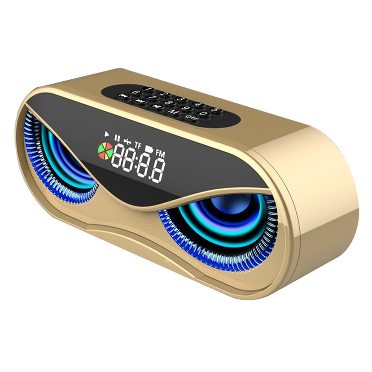 Goldfarbener Lautsprecher mit blauen Lichtern, Digitalanzeige und Knöpfen oben.