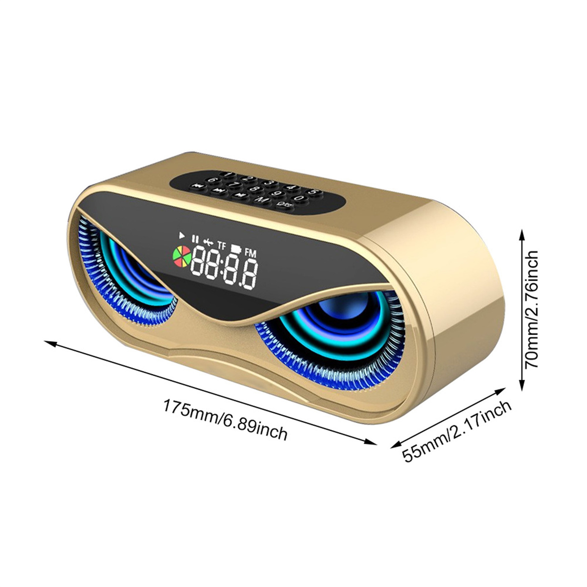 Ein goldfarbener Lautsprecher mit blauen Lichtern. Abmessungen in Millimetern und Zoll.