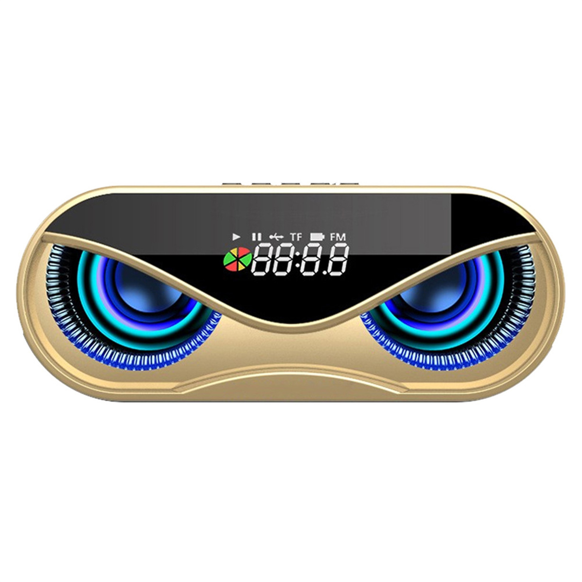 Goldenes Gerät mit digitaler Anzeige, die Zahlen zeigt. Es hat blaue, leuchtende augenartige Formen auf beiden Seiten.