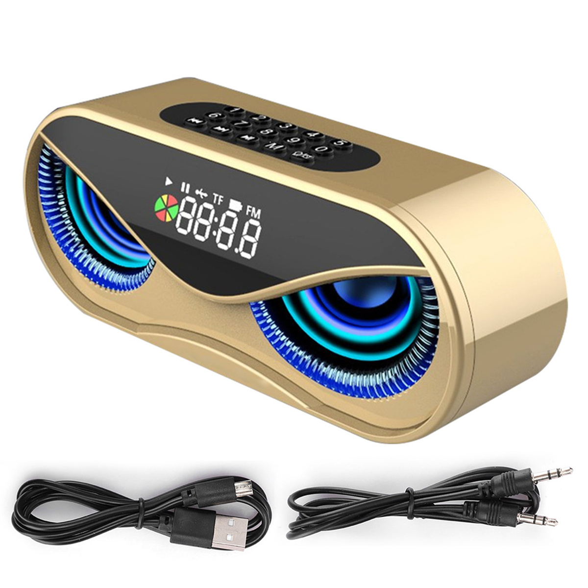 Goldener Lautsprecher mit blauen LED-Ringen, schwarzen Knöpfen und digitaler Anzeige. Zwei Kabel darunter.