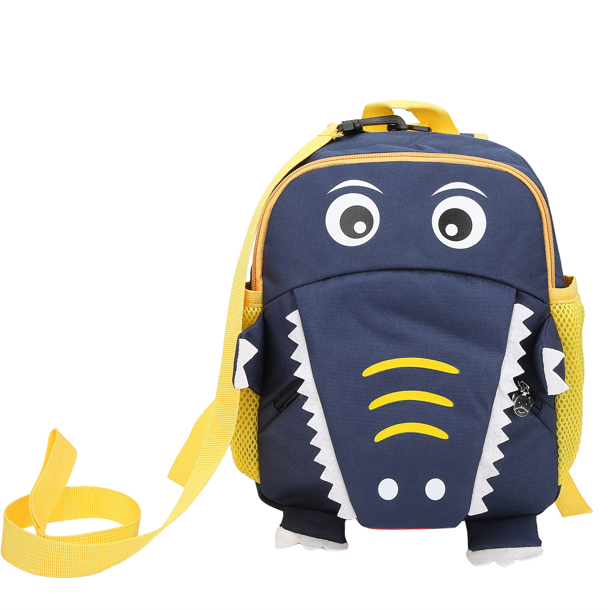 Blauer Rucksack mit Elefanten-Cartoon-Design, gelbe Riemen.